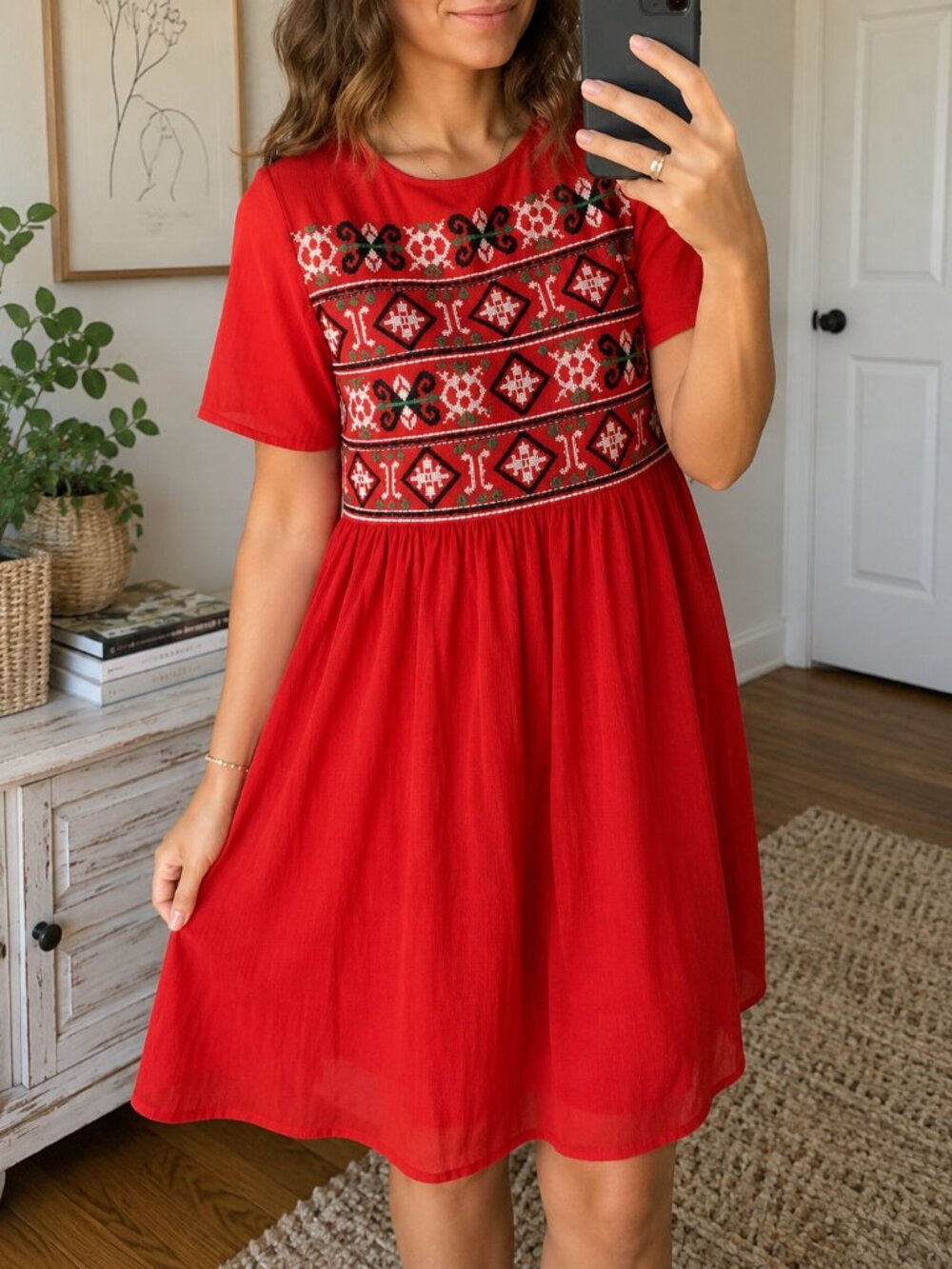 Zara Red Embroidered Boho Folk Babydoll Dress Size Small